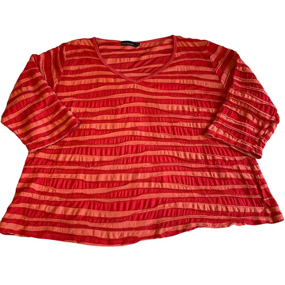 Cut.Loose Boho Red & Orange Strip Textured V Neck 3/4 Length Sleeve Tee Shirt 3X